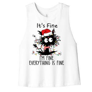 Its Fine Im Fine Everything Is Fine Cat Tangled In Christmas Lights Women's Racerback Cropped Tank