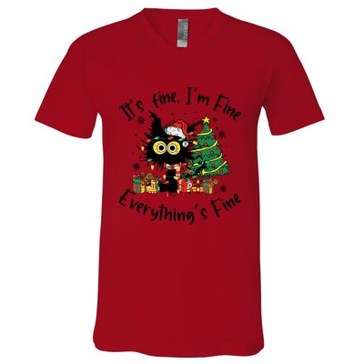 ItS Fine IM Fine Everything Fine Funny Black Cat Christmas V-Neck T-Shirt