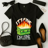 ItS Fine IM Fine Everything Is Fine Dumpster Fire Funny Women's V-Neck T-Shirt