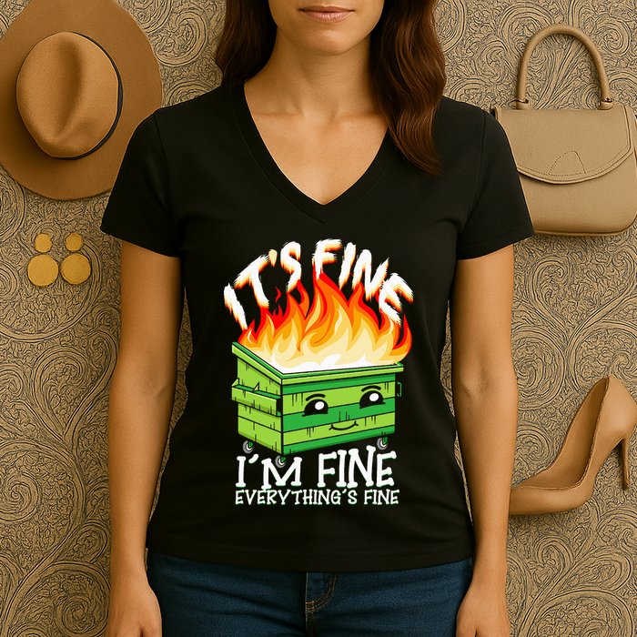 ItS Fine IM Fine Everything Is Fine Dumpster Fire Funny Women's V-Neck T-Shirt