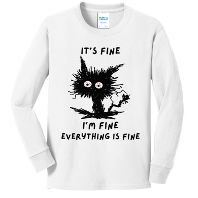 Its Fine Im Fine Funny Coffee Cute Sarcastic Black Cat Kids Long Sleeve Shirt