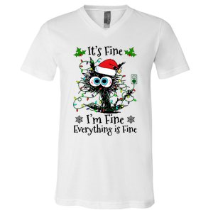 ItS Fine IM Fine Everything Is Fine Cat Christmas Lights V-Neck T-Shirt