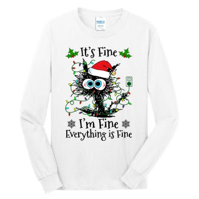 ItS Fine IM Fine Everything Is Fine Cat Christmas Lights Tall Long Sleeve T-Shirt