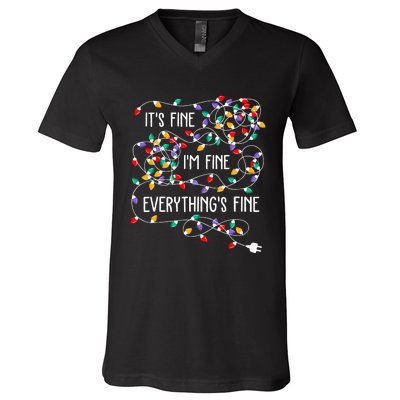 ItS Fine IM Fine Everything Is Fine Christmas Lights Xmas V-Neck T-Shirt