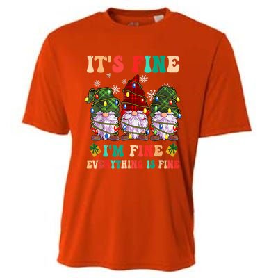 It's Fine I'm Fine Everything Is Fine Christmas Lights Gnome Cooling Performance Crew T-Shirt