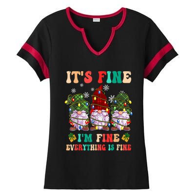 It's Fine I'm Fine Everything Is Fine Christmas Lights Gnome Ladies Halftime Notch Neck Tee