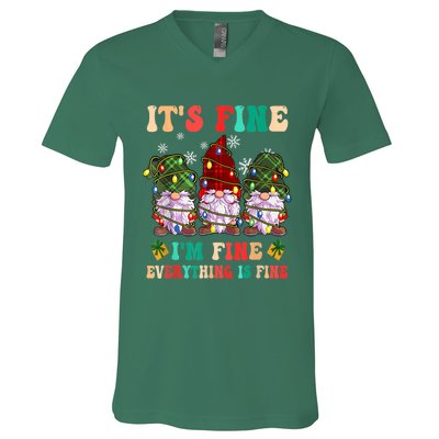 It's Fine I'm Fine Everything Is Fine Christmas Lights Gnome V-Neck T-Shirt