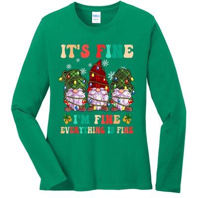 It's Fine I'm Fine Everything Is Fine Christmas Lights Gnome Ladies Long Sleeve Shirt