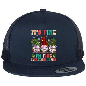 It's Fine I'm Fine Everything Is Fine Christmas Lights Gnome Flat Bill Trucker Hat