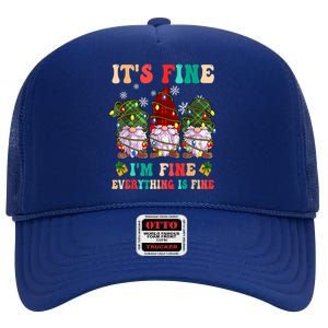 It's Fine I'm Fine Everything Is Fine Christmas Lights Gnome High Crown Mesh Back Trucker Hat