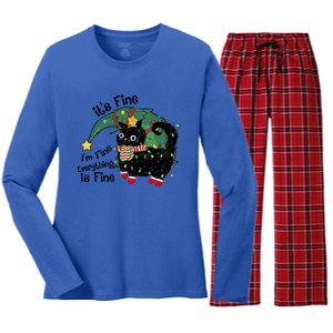 ItS Fine IM Fine Santa Black Cat Xmas Lights Christmas Funny Gift Women's Long Sleeve Flannel Pajama Set 