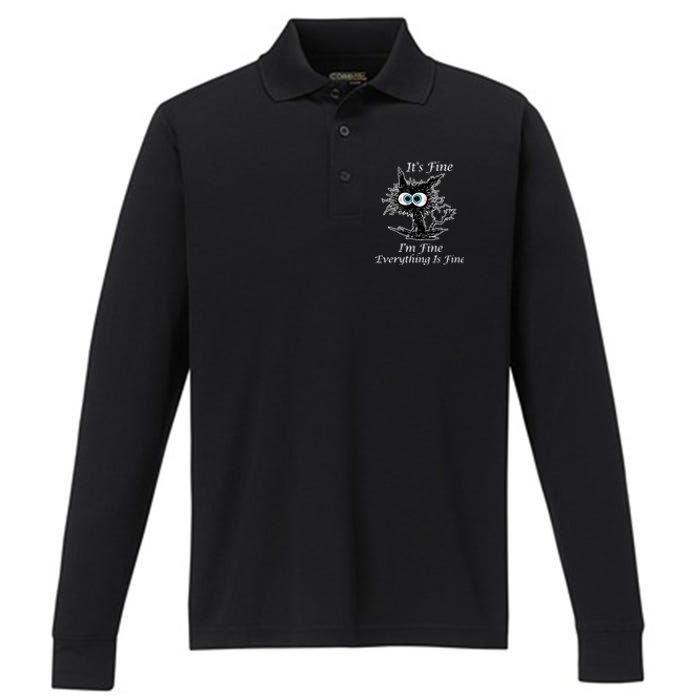 It's Fine I'm Fine Everything Is Fine Funny Cat Performance Long Sleeve Polo