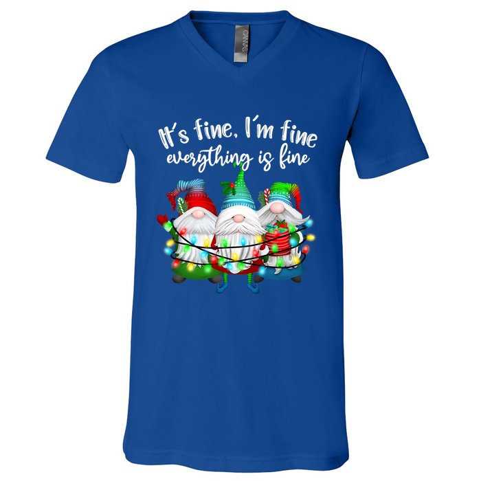 Its Fine Im Fine Everything Is Fine Gnome Christmas Lights Gift V-Neck T-Shirt