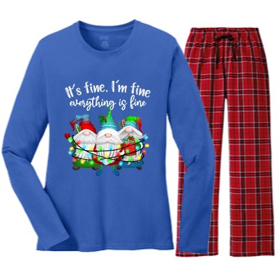 Its Fine Im Fine Everything Is Fine Gnome Christmas Lights Gift Women's Long Sleeve Flannel Pajama Set 