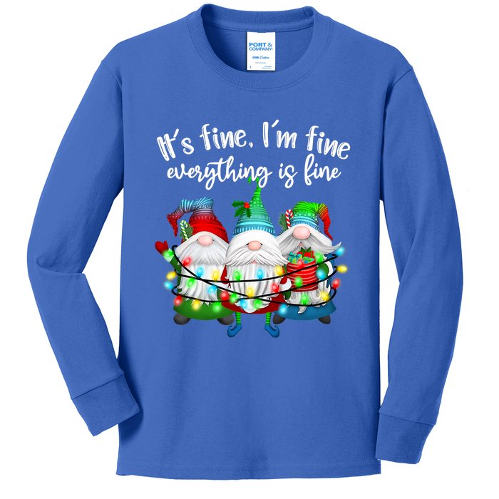 Its Fine Im Fine Everything Is Fine Gnome Christmas Lights Gift Kids Long Sleeve Shirt