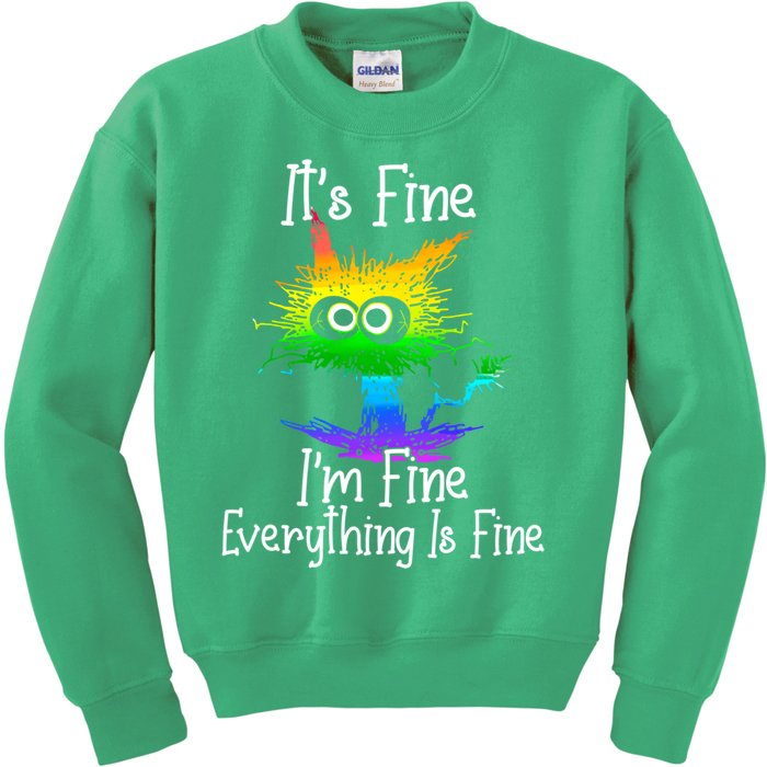 It's Fine I'm Fine Everything Is Fine Rainbow Funny Cat Long Sleeve Kids Sweatshirt