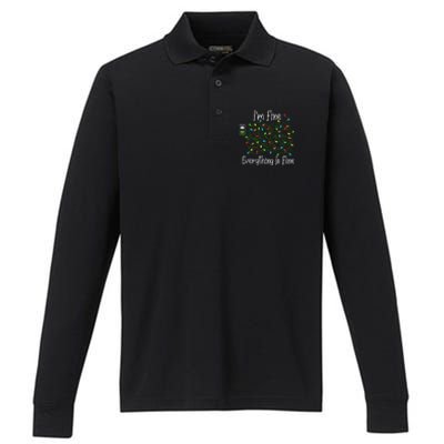 It's Fine I'm Fine Everything Is Fine Funny Christmas Lights  Performance Long Sleeve Polo