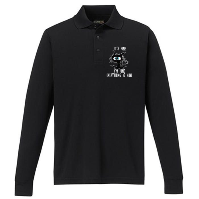 It's Fine I'm Fine Everything Is Fine Funny cat fathers day Performance Long Sleeve Polo