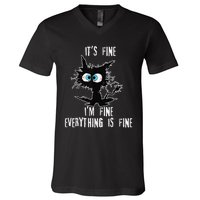 It's Fine I'm Fine Everything Is Fine Funny cat fathers day V-Neck T-Shirt