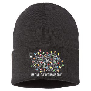 Its Fine Im Fine Everything Is Fine Funny Christmas Lights Sustainable Knit Beanie