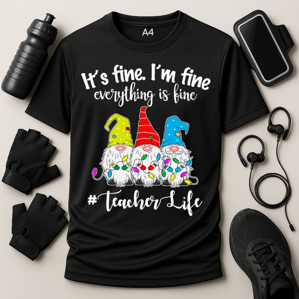 It's Fine I'm Fine Everything Is Fine Christmas Gnomes Teacher Life Cooling Performance Crew T-Shirt