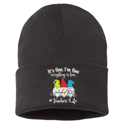 It's Fine I'm Fine Everything Is Fine Christmas Gnomes Teacher Life Sustainable Knit Beanie