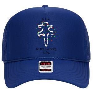 ItS Fine IM Fine Everything Is Fine Funny Cat Christmas Lights Xmas Gift High Crown Mesh Back Trucker Hat