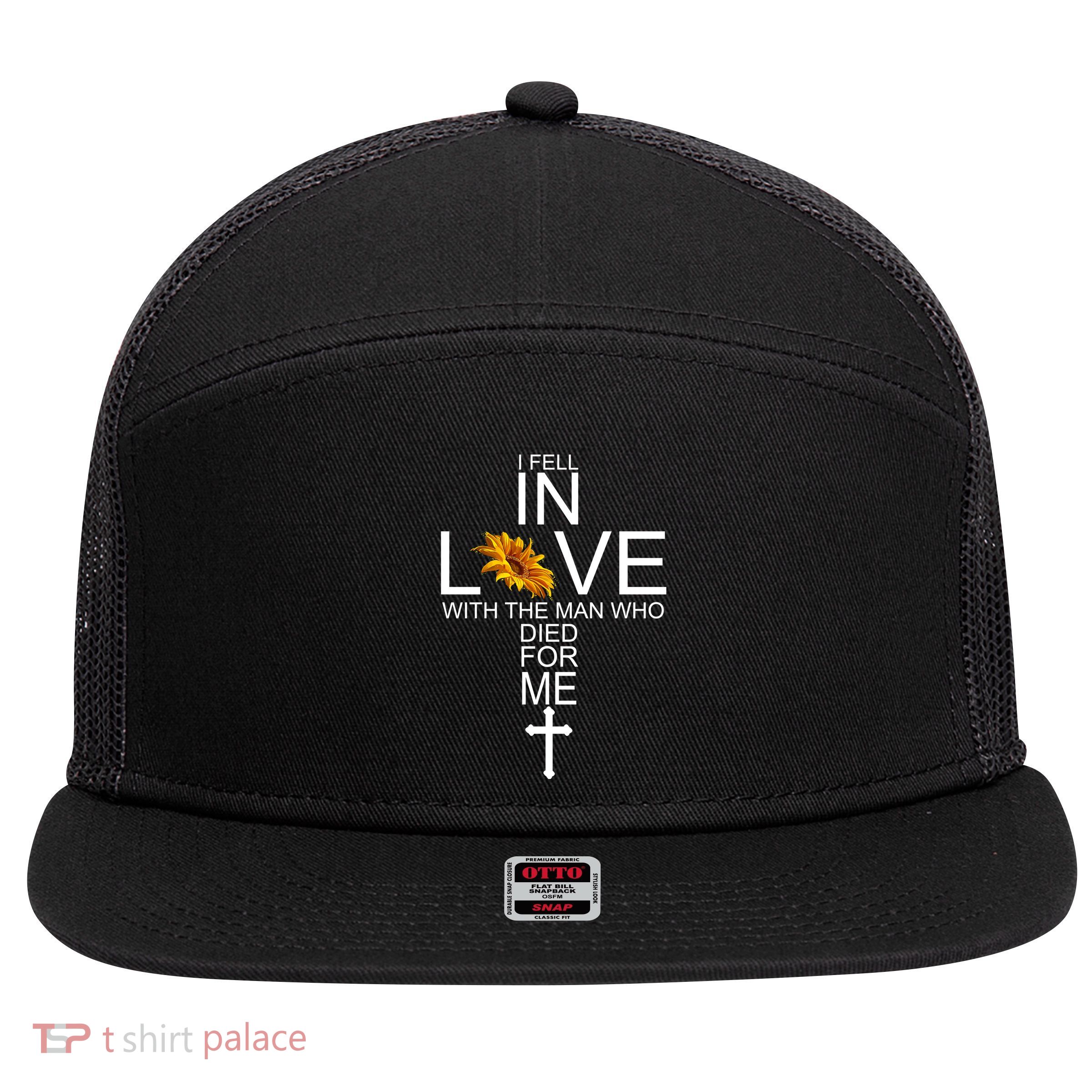 I Fell In Love With The Man Who Died For Me Jesus 7 Panel Mesh Trucker Snapback Hat