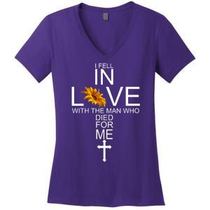 I Fell In Love With The Man Who Died For Me Jesus Women's V-Neck T-Shirt