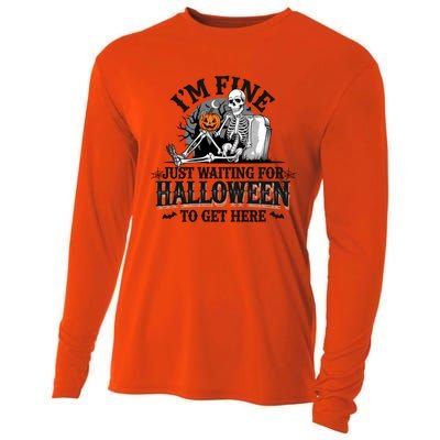 IM Fine Just Waiting For Halloween Funny Spooky Skeleton Gift Cooling Performance Long Sleeve Crew