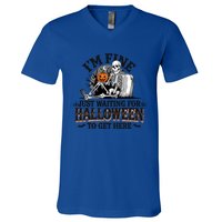 IM Fine Just Waiting For Halloween Funny Spooky Skeleton Gift V-Neck T-Shirt