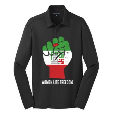 Iranian Flag Life Freedom Farsi Female Fist Protest Cool Gift Silk Touch Performance Long Sleeve Polo