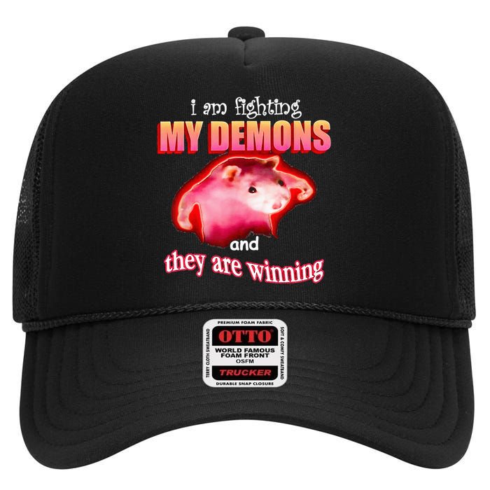 Im Fighting My Demons And They Are Winning Rat High Crown Mesh Back Trucker Hat