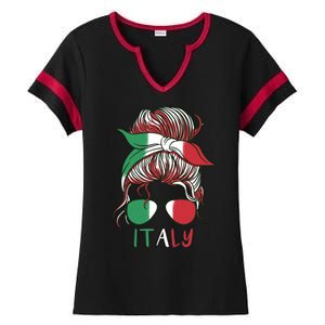 Italy Flag Messy Bun Italian Ladies Halftime Notch Neck Tee