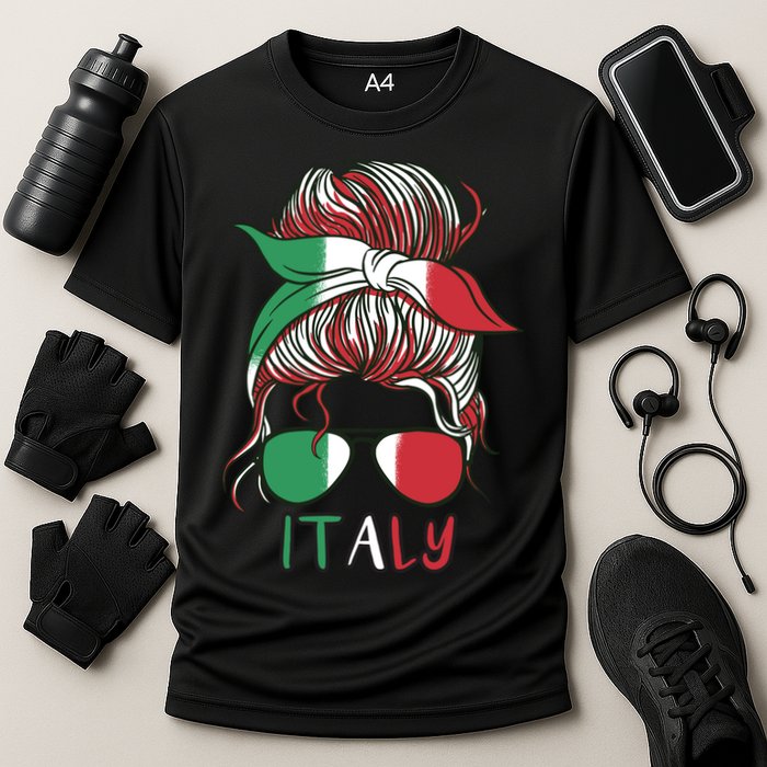Italy Flag Messy Bun Italian Cooling Performance Crew T-Shirt