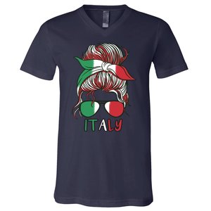 Italy Flag Messy Bun Italian V-Neck T-Shirt