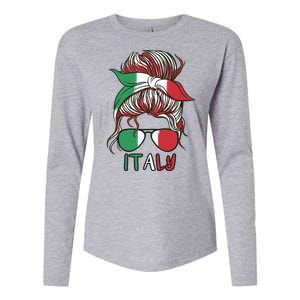 Italy Flag Messy Bun Italian Womens Cotton Relaxed Long Sleeve T-Shirt