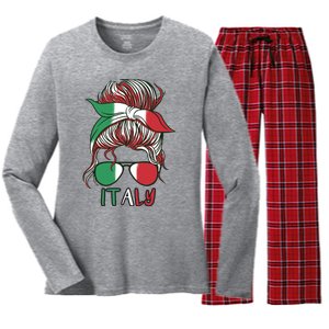 Italy Flag Messy Bun Italian Women's Long Sleeve Flannel Pajama Set 