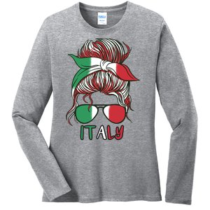 Italy Flag Messy Bun Italian Ladies Long Sleeve Shirt