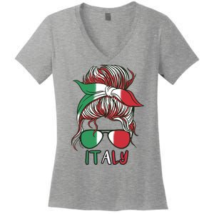 Italy Flag Messy Bun Italian Women's V-Neck T-Shirt