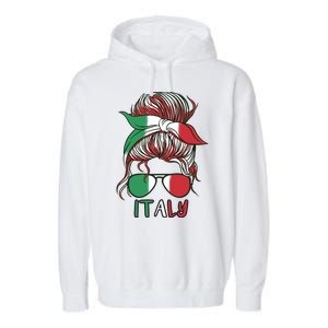 Italy Flag Messy Bun Italian Garment-Dyed Fleece Hoodie