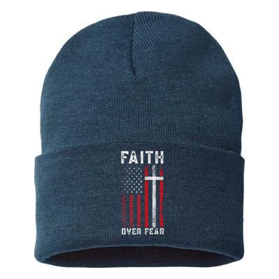 Inspirational Faith Over Fear USA Flag Christian Cross Jesus Sustainable Knit Beanie