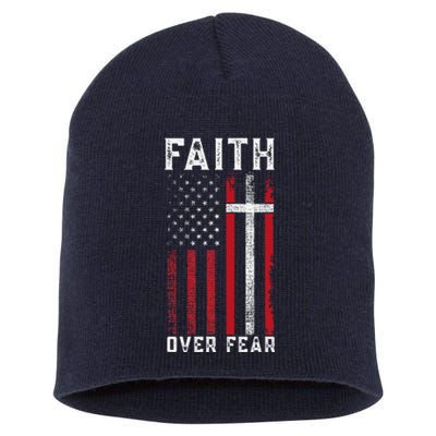 Inspirational Faith Over Fear USA Flag Christian Cross Jesus Short Acrylic Beanie