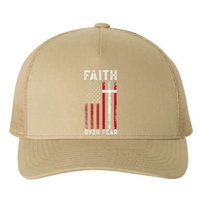 Inspirational Faith Over Fear USA Flag Christian Cross Jesus Yupoong Adult 5-Panel Trucker Hat