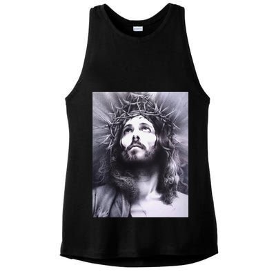 Image Face Of Jesus On A Cross With Crown Of Thorns Ladies PosiCharge Tri-Blend Wicking Tank