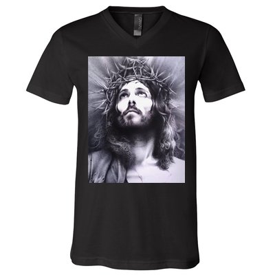 Image Face Of Jesus On A Cross With Crown Of Thorns V-Neck T-Shirt