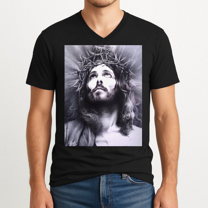 Image Face Of Jesus On A Cross With Crown Of Thorns V-Neck T-Shirt