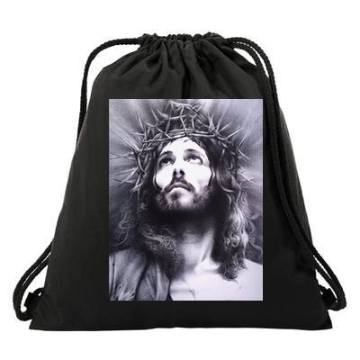 Image Face Of Jesus On A Cross With Crown Of Thorns Drawstring Bag
