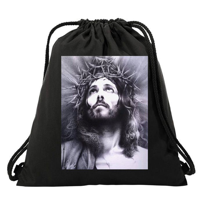 Image Face Of Jesus On A Cross With Crown Of Thorns Drawstring Bag