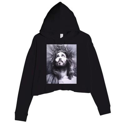Image Face Of Jesus On A Cross With Crown Of Thorns Crop Fleece Hoodie